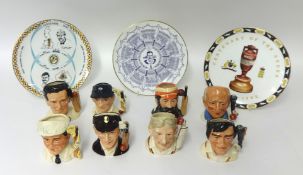 A collection of eight miniature Royal Doulton cricket figures t/w three decorative china plates.