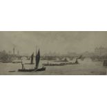 H.P.EVANS  'Shipping on a River' signed in pencil, 18cm x 40cm.