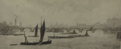 H.P.EVANS  'Shipping on a River' signed in pencil, 18cm x 40cm.