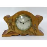 Reproduction clock circa 1940 with orange Chinese lacquered case, 15.5cm.