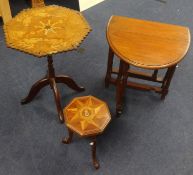 A small mahogany tea table, two small occasional tables, one with marquetry inlay of bird design