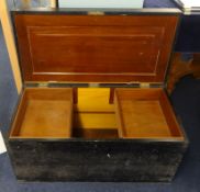 Old black painted tool chest fitted with a tray.