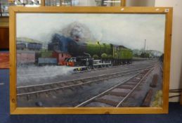 R.BRYANT 1987, large oil on board steam train '1200, Off Shed, Laira', signed and dated 1987.