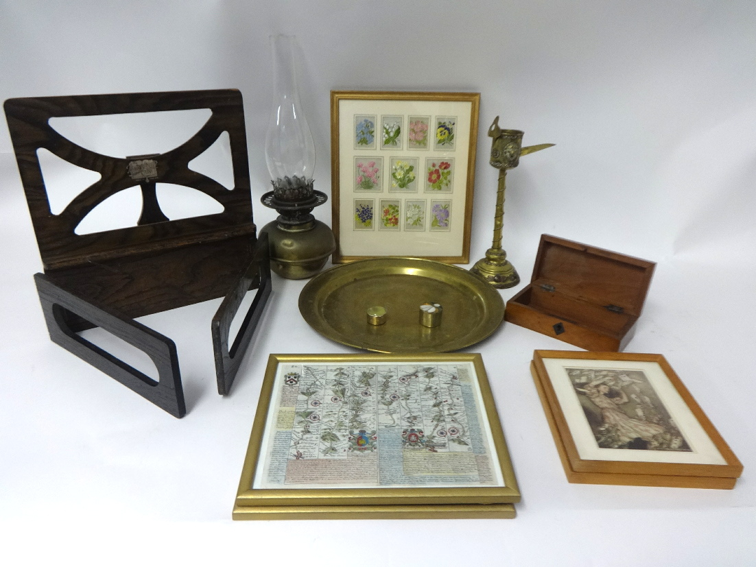 A collective lot of various items including prints, brass lamp, brass charger etc.