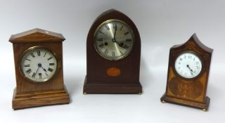 Edwardian mahogany and marquetry mantle clock, including two wood cased clocks, tallest 31cm.