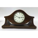 A mahogany cased 8 day clock with inlaid decoration and white enamel dial, black Roman numerals,