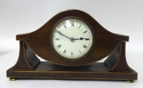 A mahogany cased 8 day clock with inlaid decoration and white enamel dial, black Roman numerals,