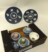 Collection of Wedgwood Jasper Ware including scenic and bird plates in dark blue Jasper, various