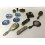 Silver back & other dressing table wares, blue and white Wedgwood plates, brass blotter etc..