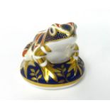 Royal Crown Derby paperweight Frog with silver stamp.