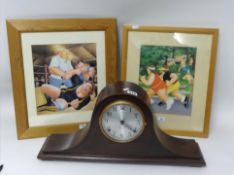 An American mantle clock, Sessions, in stained mahogany case t/w two small Beryl Cook open prints.