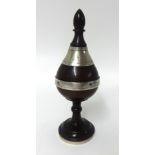 An antique treen and white metal spice jar with later cover, height 22cm.