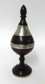An antique treen and white metal spice jar with later cover, height 22cm.