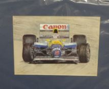 Print Formula race car after Mansell, mounted, 29cm x 40cm.