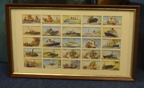 Three frames containing cigarette cards of ship t/w seven other prints.