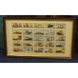 Three frames containing cigarette cards of ship t/w seven other prints.
