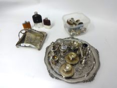 Various silver plated wares, hip flasks, Continental silver and gilt enamel table salt etc