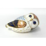 Royal Crown Derby paperweight Owl with silver stamp.