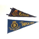 Two pennants, from WW II aircraft carriers HMS Implacable and HMS Formidable, each carrying the