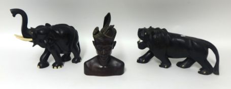 Carved ebony Elephant, carved wood Lion and bust (3), tallest 27cm.