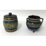 A Royal Doulton 1884 three handle vase and Lambeth pot with lid, tallest 19cm.