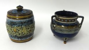 A Royal Doulton 1884 three handle vase and Lambeth pot with lid, tallest 19cm.
