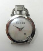 Gucci a well kept ladies stainless steel wrist watches set with approx 0.21ct diamond, boxed with