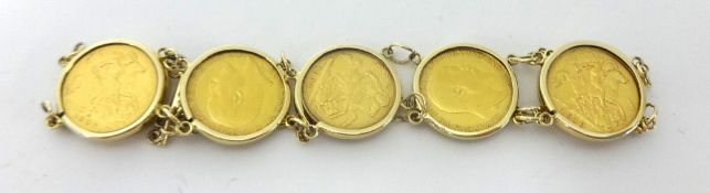 A 9ct gold bracelet, mounted with seven 1/2 sovereigns, 1902, 1906 x 2, 1908, 1910 x 3, weight 36