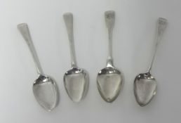 Three George III silver Old English pattern table spoons, various makers and dates and a fiddle