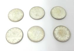 Six Canadian silver dollars, 3 x 1963, 3 x 1964, weight 4.5 oz.