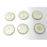 Six Canadian silver dollars, 3 x 1963, 3 x 1964, weight 4.5 oz.