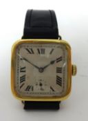 An Art Deco 18ct gold square gentlemans wristwatch, the Stauffer & Co. Peerless movement numbered