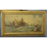 19th century oil on canvas 'French Shipping', unsigned, 29cm x 60cm.