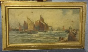 19th century oil on canvas 'French Shipping', unsigned, 29cm x 60cm.