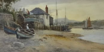 WARREN WILLLIAMS early 20th century watercolour, 'Cottage, Beach and Boats' signed, 25cm x 46cm.