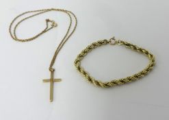 A 9ct gold rope twist bracelet and a 9ct gold crucifix pendant and chain, weight 11 grams.