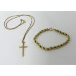 A 9ct gold rope twist bracelet and a 9ct gold crucifix pendant and chain, weight 11 grams.