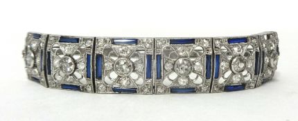 An Edwardian synthetic sapphire and diamond panel link bracelet, circa 1910, composed of six
