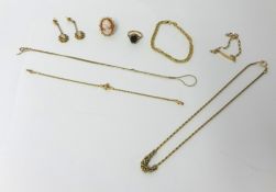 A 9ct gold rope twist necklace, a 9ct gold curb link bracelet, a diamond set bracelet and other