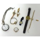 Five various 9ct gold ladies wristwatches, a chrome ladies wristwatch, a gold plated Elgin