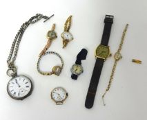 Five various 9ct gold ladies wristwatches, a chrome ladies wristwatch, a gold plated Elgin