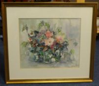 W.WOERDEN-PULLE watercolour 'Still Life Flowers', signed, 32cm  x37cm and four other decorative