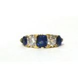 A Victorian gold, sapphire and diamond five stone ring, carved claw set with mixed cut sapphires and