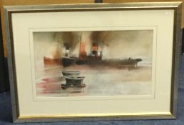 Unknown watercolour 'Tugs on a River', signed, 29cm x 50cm.