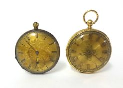 A Victorian 18ct gold key wound open face pocket watch, London 1858, the floral engraved case with a
