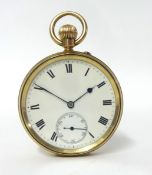 A 9ct gold keyless wound open face pocket watch, Birmingham 1926, the white enamel two part dial