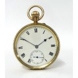 A 9ct gold keyless wound open face pocket watch, Birmingham 1926, the white enamel two part dial