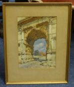 G.FACCIOLA (possibly Gaetano Facciola) watercolour 'Colosseum viewed through an archway, Rome' 1927,