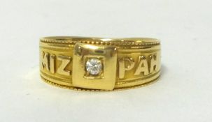 A Victorian 18ct gold and diamond MIZPAH ring, Birmingham 1884, gypsy set with an old cut stone,