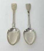 Two Victorian silver fiddle pattern table spoons, various makers and dates, weight 5 oz.